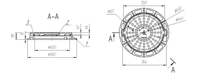 Чертеж тяжелого чугунного люка Т (С150)-1-60